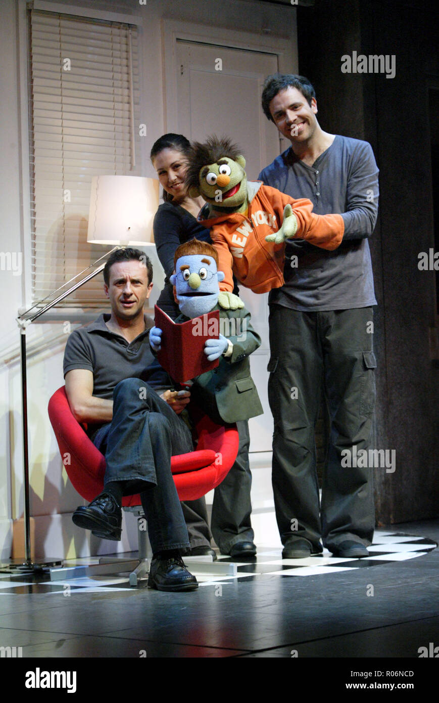 (lr) Mitchell Butel, Natalie Alexopoulos, Luke Joslin Cast and puppets