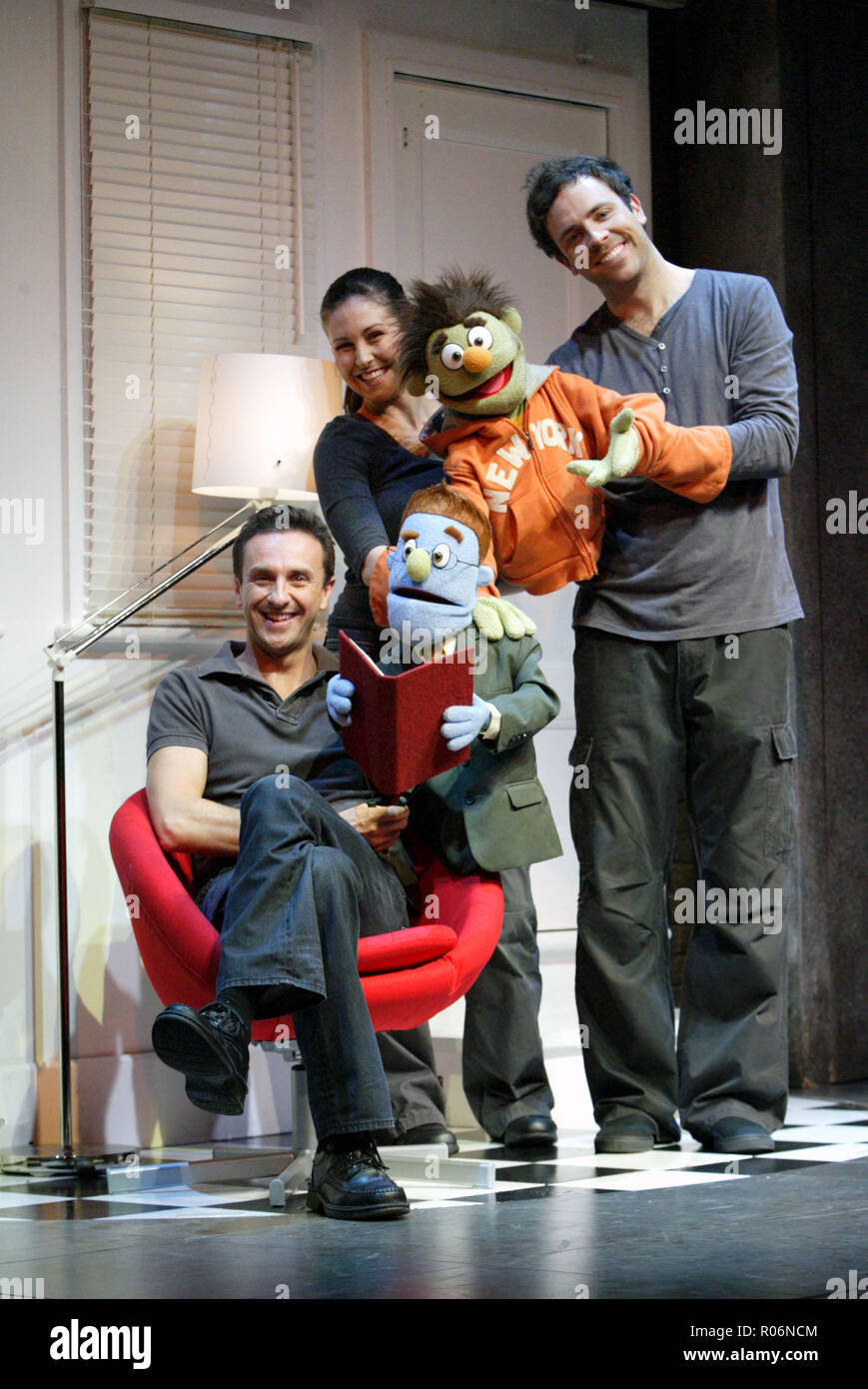 l-r) Mitchell Butel, Natalie Alexopoulos, Luke Joslin Cast and puppets from  the adult-oriented 'Avenue Q' puppet show in a photo-call at the Theatre  Royal ahead of the show's opening night. Sydney, Australia -