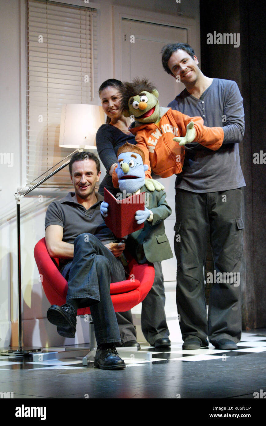 (lr) Mitchell Butel, Natalie Alexopoulos, Luke Joslin Cast and puppets