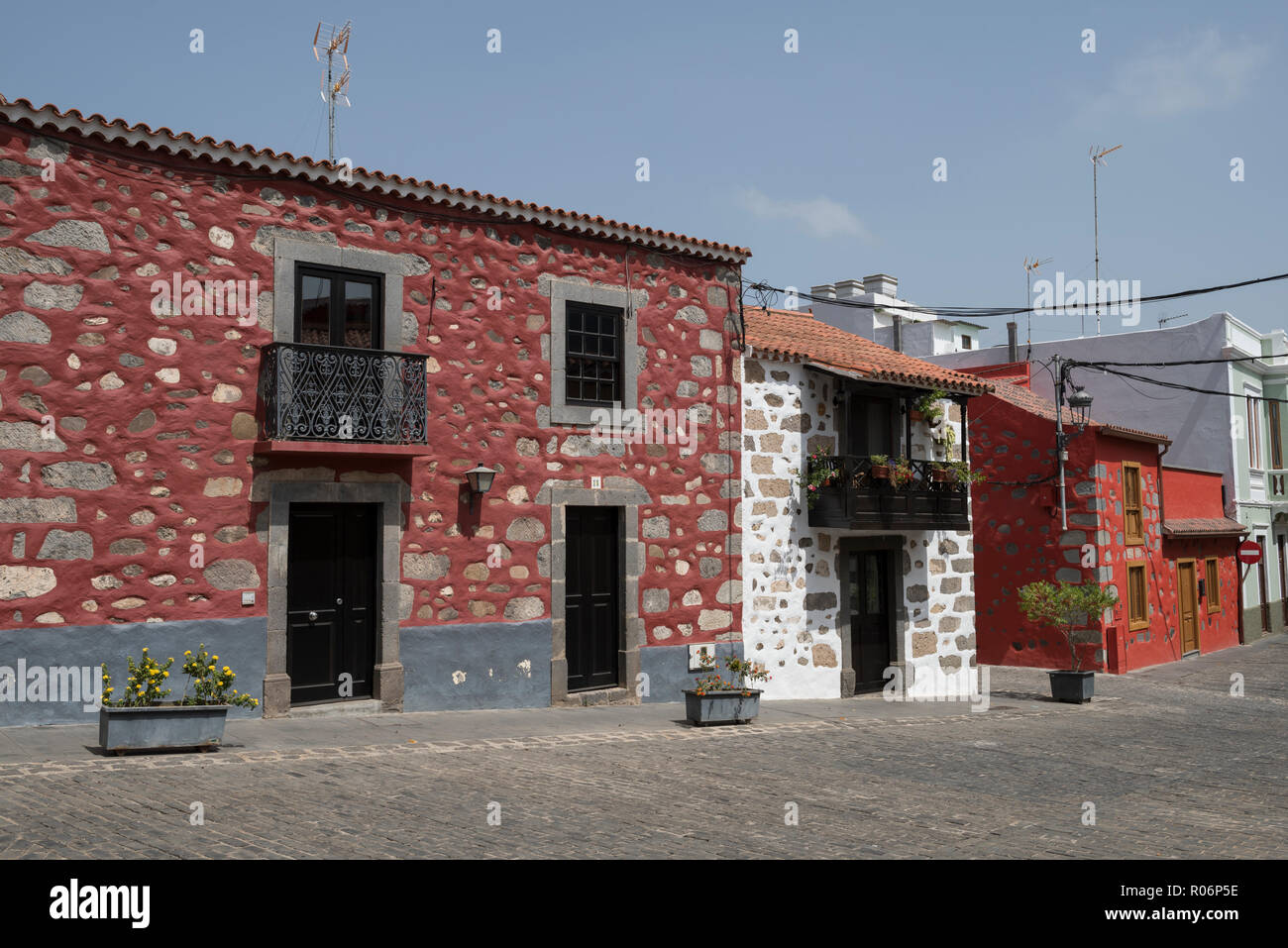 Colourful houses in the Calle Real, Santa Brigida, Gran Canaria, Spain. Stock Photo