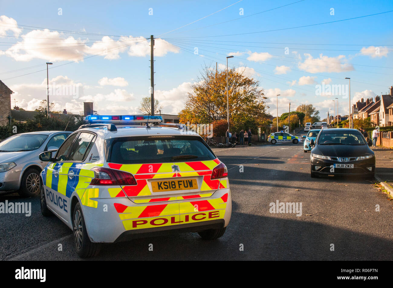 Road traffic accident RTA between motor bike and car . Stock Photo