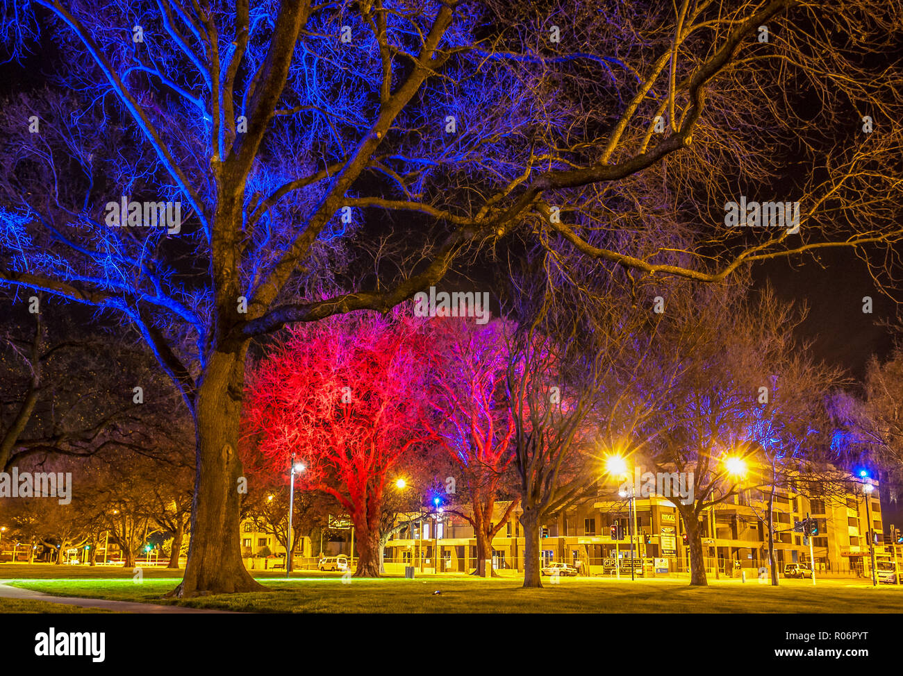City lights are bright and colorful in Latimer Square, Christchurch, at ...
