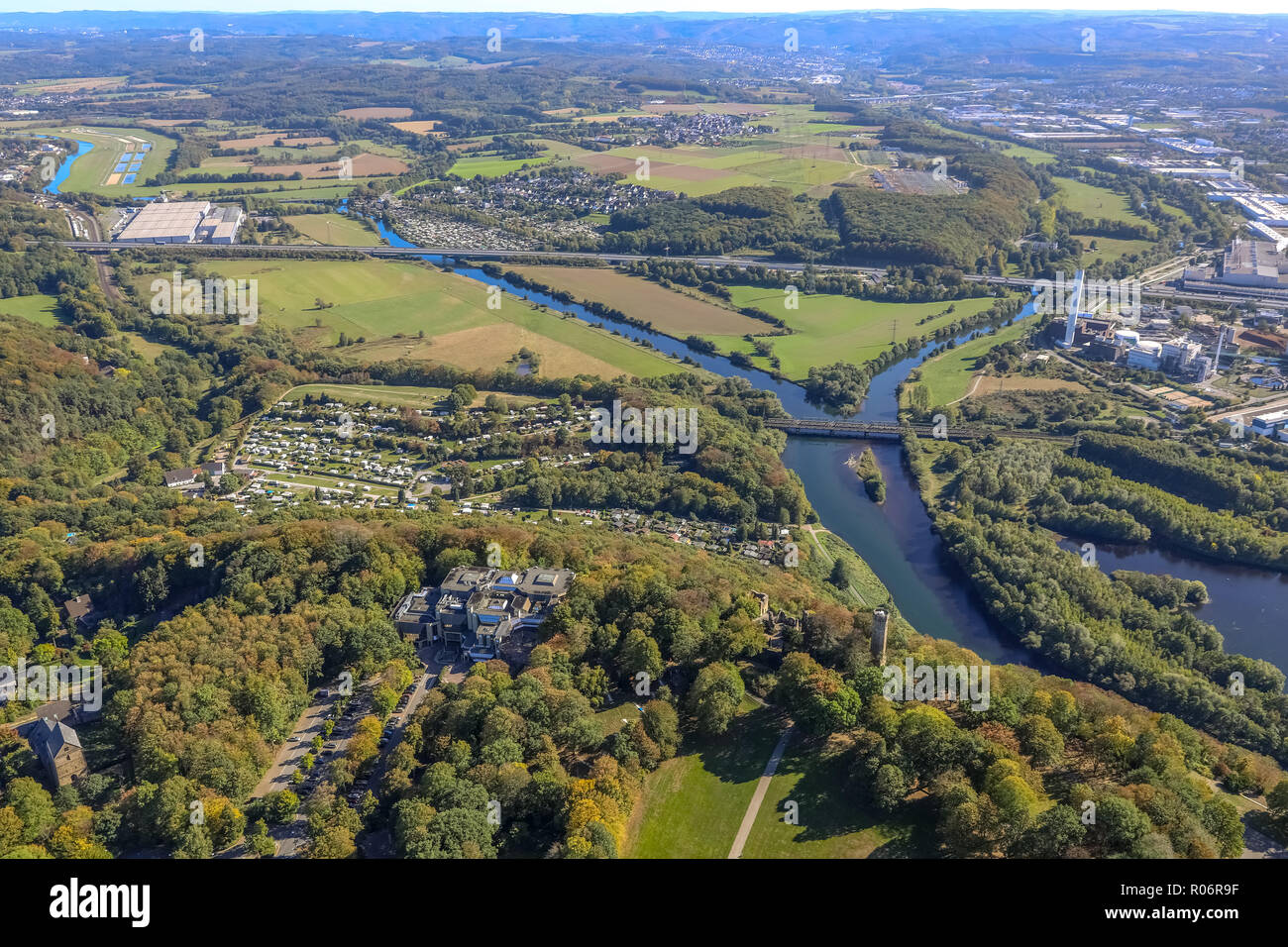Aerial view, casino Hohensyburg, behind the mouth of the Lenne in the Ruhr, river, river mouth, Lenne estuary, Syburg, Dortmund, Ruhr area, North Rhin Stock Photo