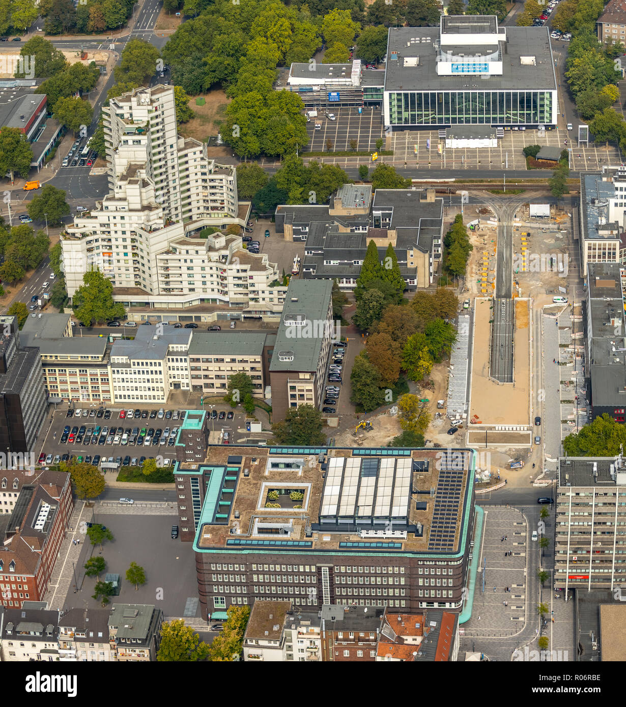 Stadtmitte Gelsenkirchen between Hans-Sachs-Haus and Musiktheater MiR, new bus station, Ebertstraße, Rathaus Gelsenkirchen, residential tower Weißer R Stock Photo