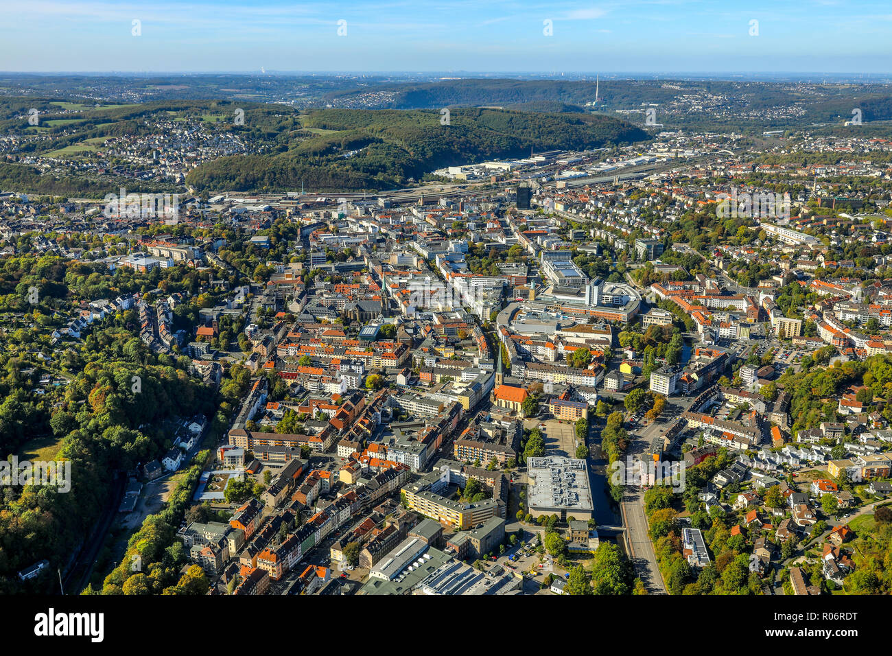 Aerial view, overview Friedrich Ebert Platz, Hagen city center, center