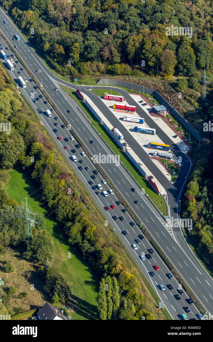 Aerial view, car park Eichenkamp at the A1, parking, break, interruption of driving time, Hagen, Ruhr area, North Rhine-Westphalia, Germany, Europe, w Stock Photo