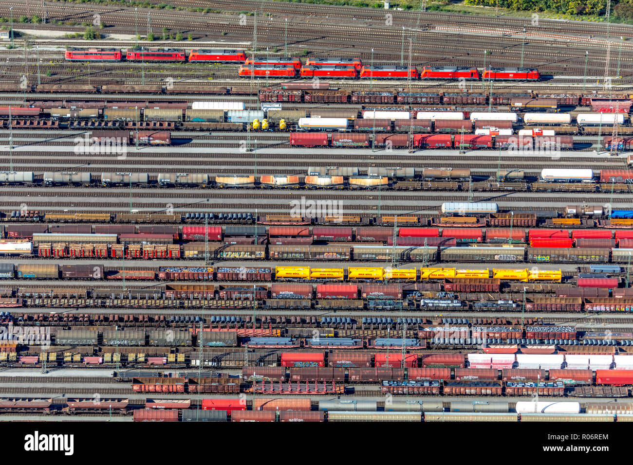Aerial view, Hagen-Vorhalle marshalling yard, train wagons, freight trains, Hagen, Ruhr area, North Rhine-Westphalia, Germany, Europe, DEU, birds-eyes Stock Photo