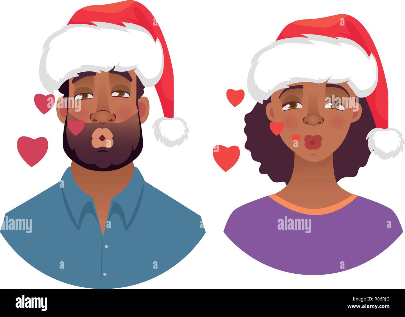 Kiss. Portrait Of African Man And Woman In Christmas Hat. Emotions Of 