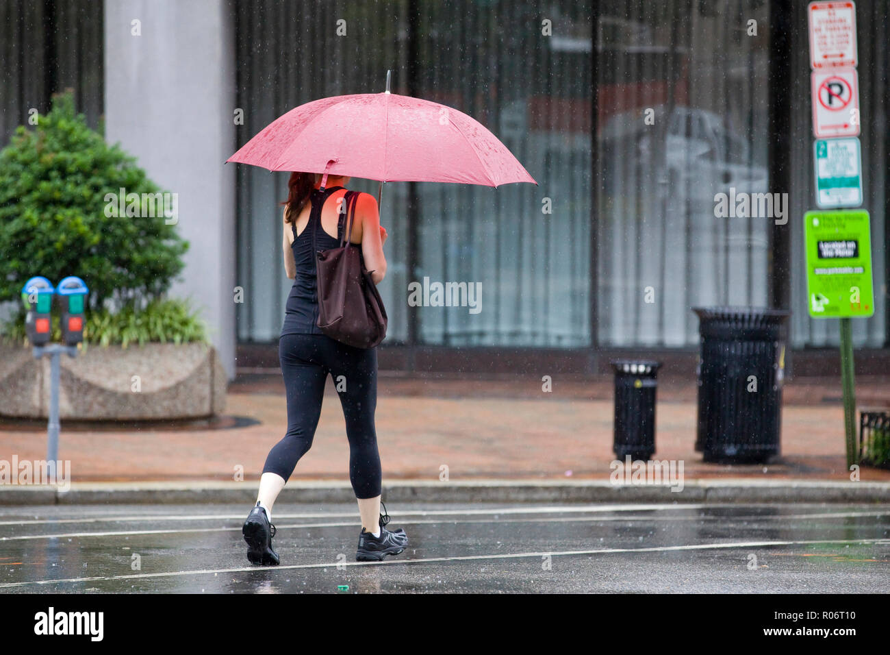 A woman walking alone on a rainy day holding an umbrella - USA Stock Photo