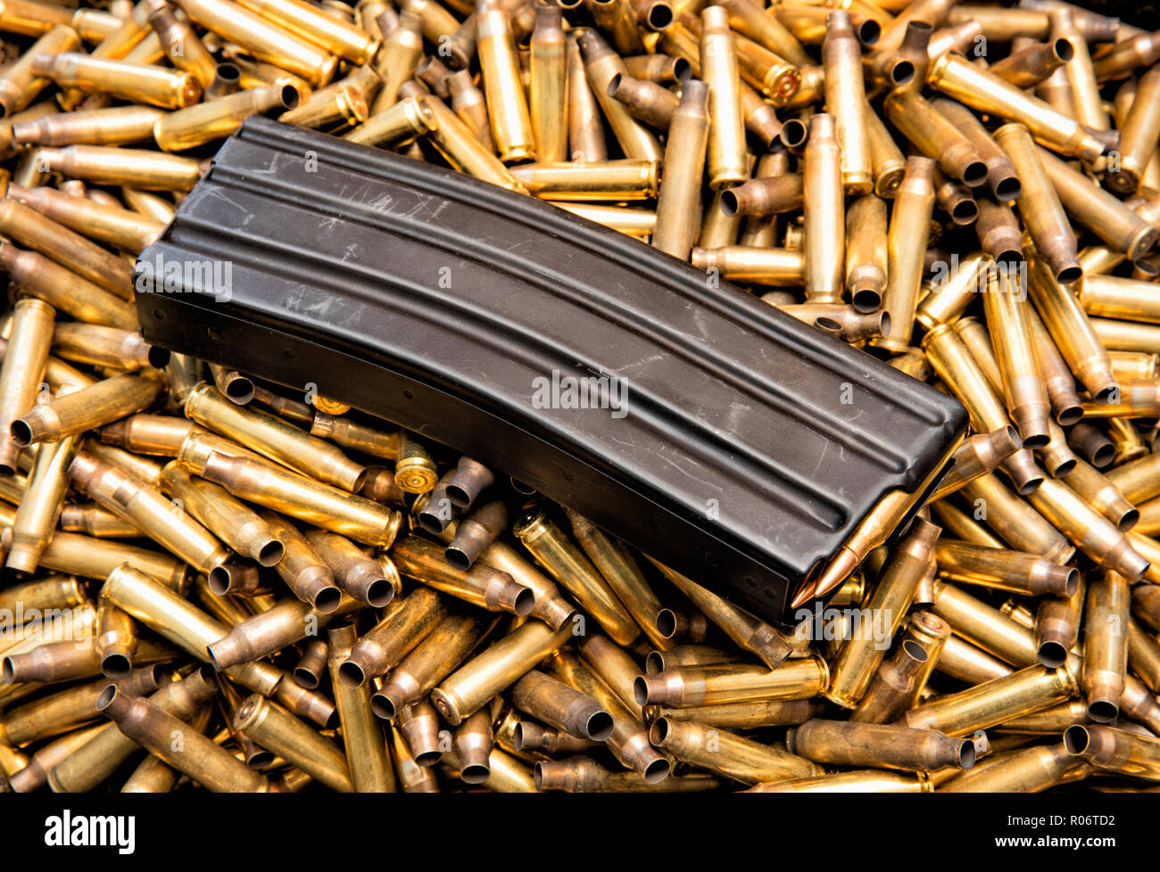 High capacity 30 round ammunition magazine with live ammunition. Stock Photo