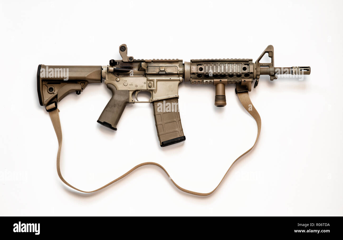 AR-15 assault rifle, also known as the M4 Carbine chambered in caliber 5.56mm (.223). Stock Photo