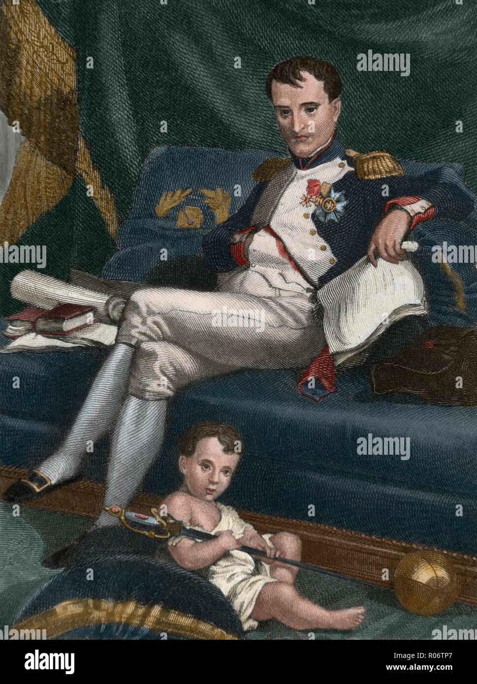 Napoleón I Bonaparte (Ajaccio, 1769-Isla de Santa Elena, 1821). Emperador de los franceses (1804-1815). Napoleón y su hijo, llamado el Rey de Roma (Napoléon II) (1811-1832). Grabado coloreado. Stock Photo