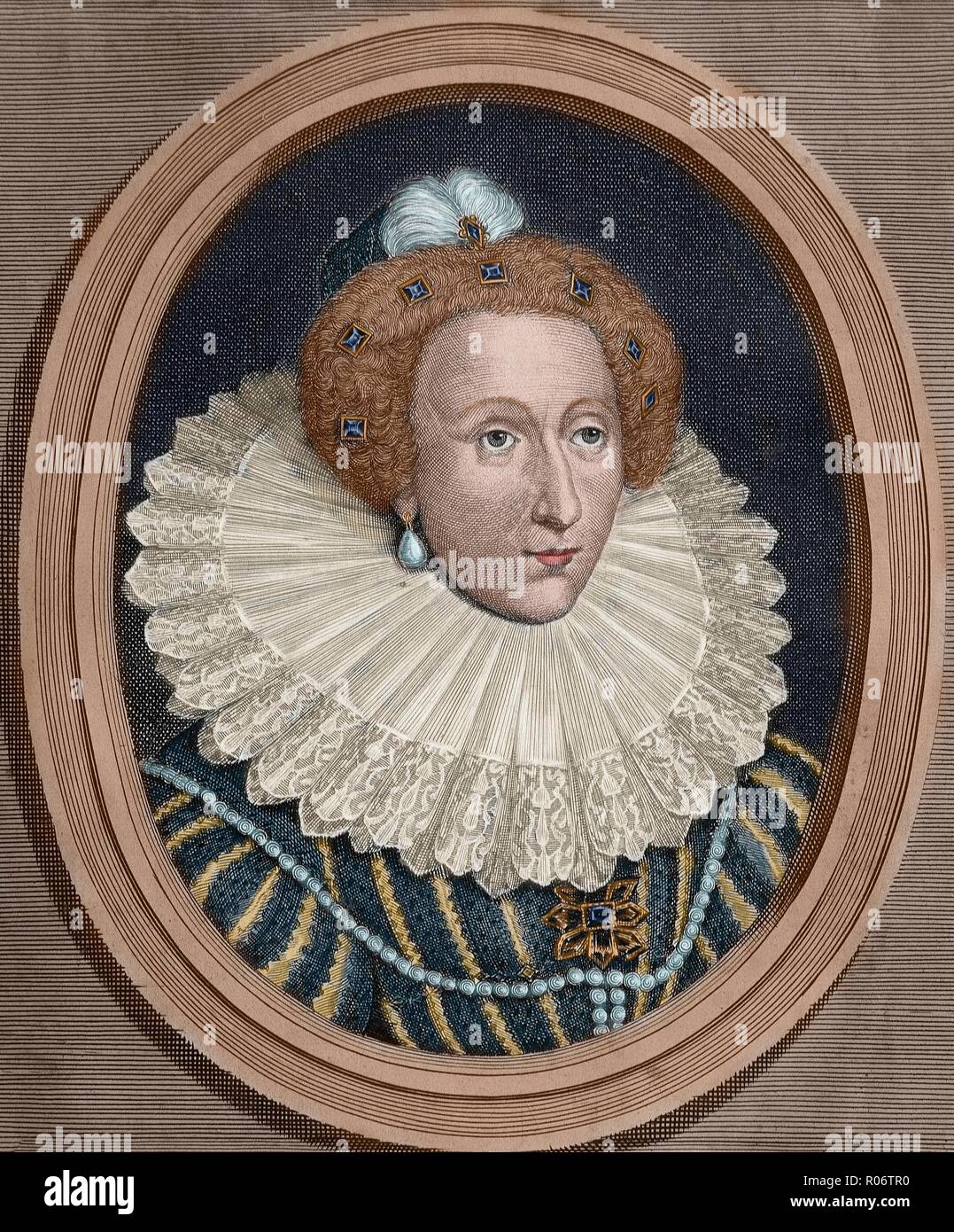 Isabel I (Greenwich, 1533-Richmond, 1603). Reina de Inglaterra e Irlanda (1558-1603). Restableció el anglicanismo e hizo decapitar a María Estuardo. Se relacionó con los Estados protestantes y luchó contra España. Fue la última reina de la dinastía Tudor. Grabado coloreado. Stock Photo