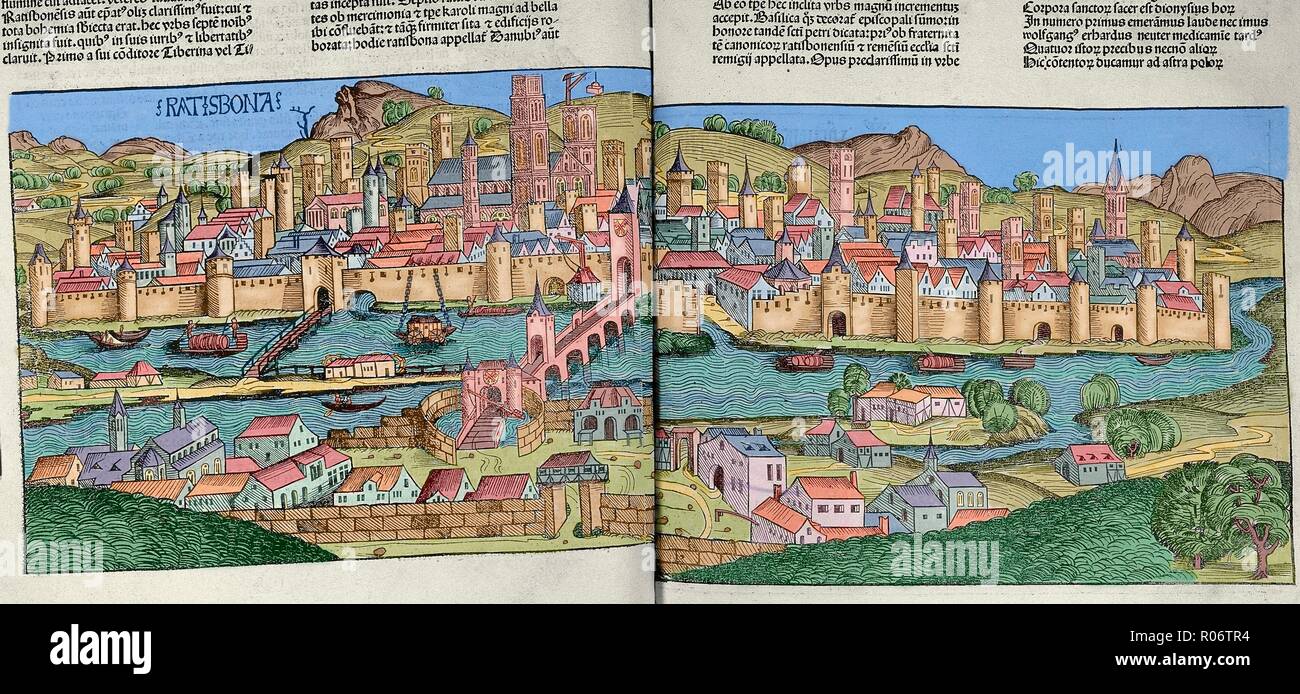 Ratisbona, Alemania. Grabado. Liber Chronicarum de Hartmann Schedel, 1493. Coloreado. Stock Photo
