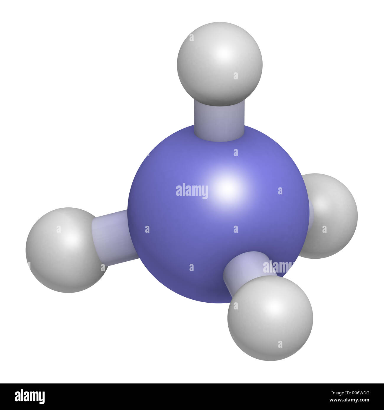 Ammonium cation. Protonated form of ammonia. 3D rendering. Atoms are represented as spheres with conventional color coding: hydrogen (white), nitrogen Stock Photo