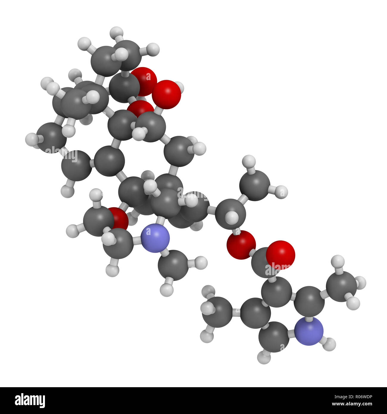 Batrachotoxin (BTX) neurotoxin molecule. Found in number of animals, including poison dart frogs. 3D rendering. Atoms are represented as spheres with  Stock Photo