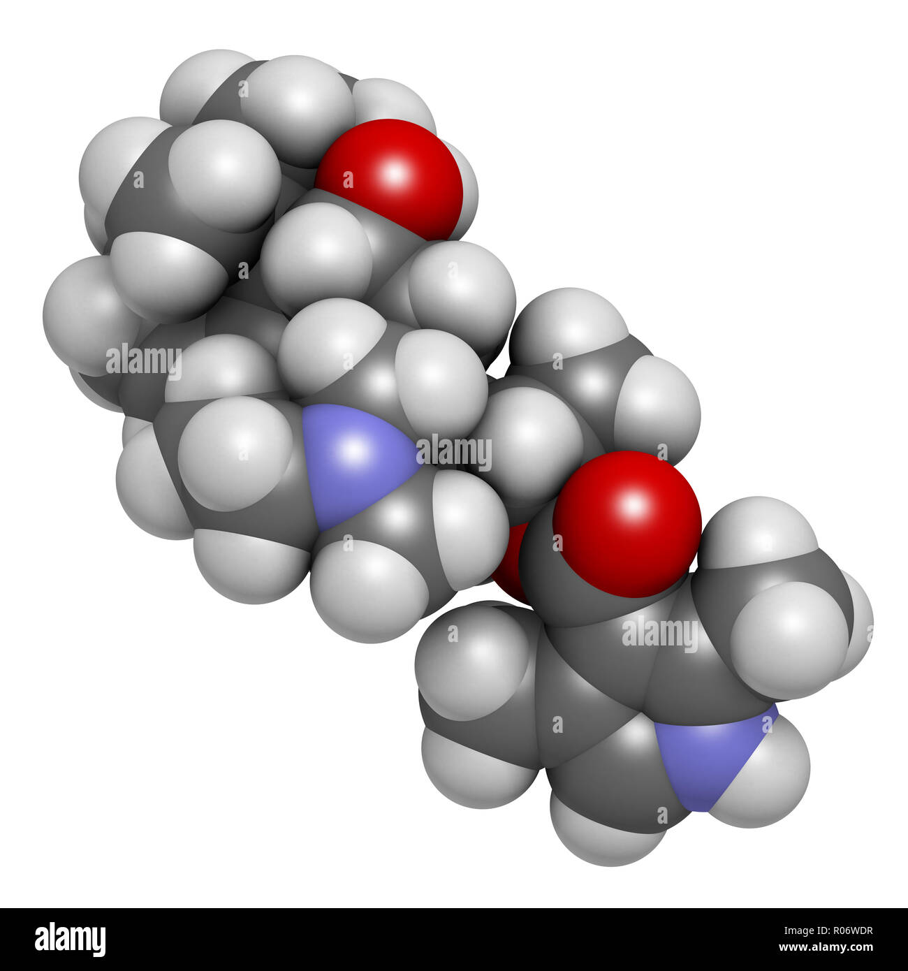 Batrachotoxin (BTX) neurotoxin molecule. Found in number of animals, including poison dart frogs. 3D rendering. Atoms are represented as spheres with  Stock Photo