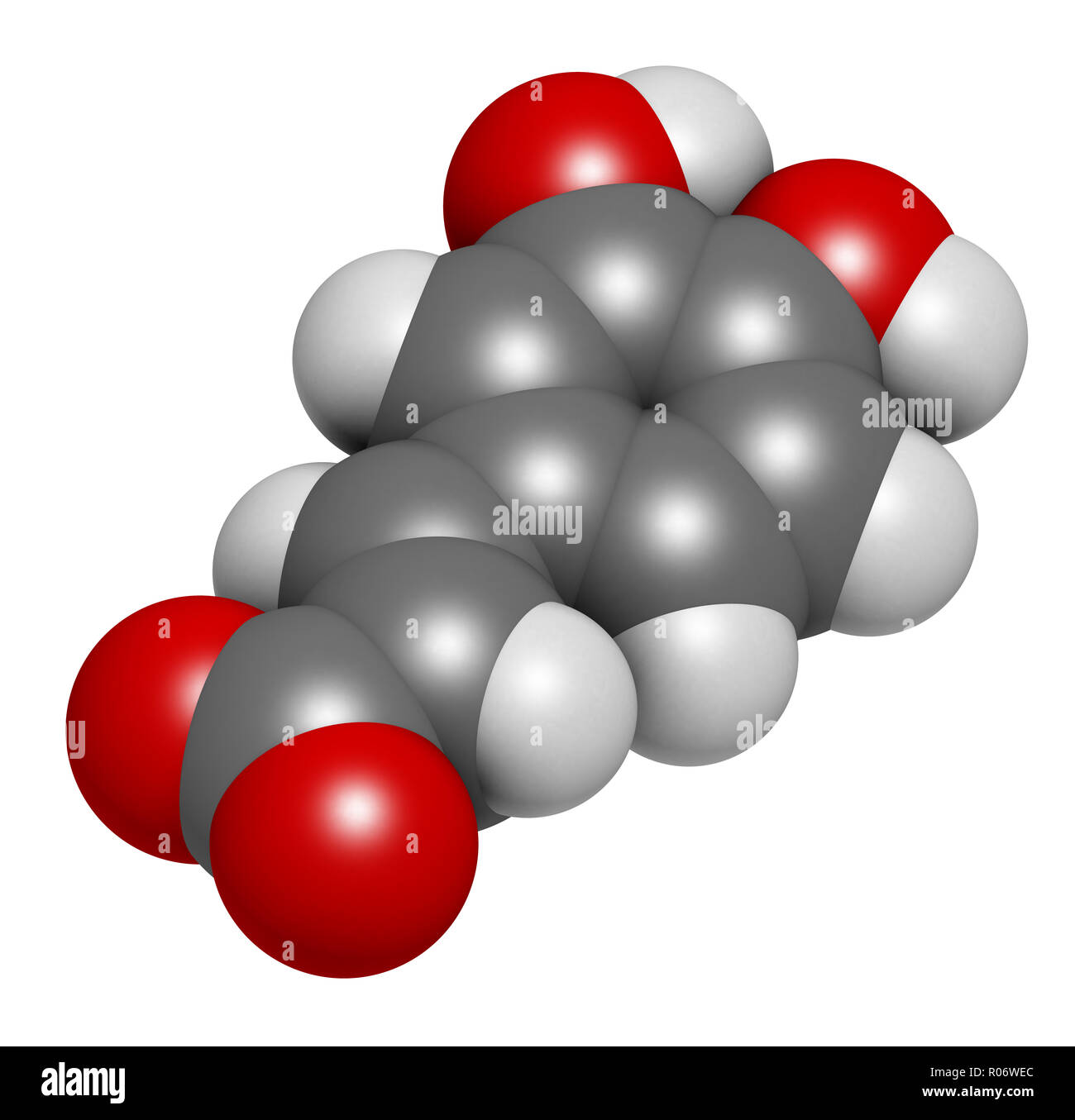 Caffeic acid molecule. Intermediate in the biosynthesis of lignin. 3D rendering. Atoms are represented as spheres with conventional color coding: hydr Stock Photo