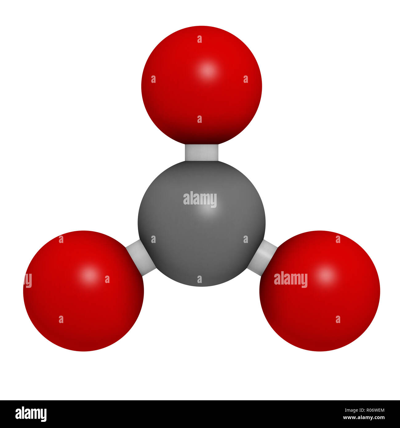 Carbonate anion, chemical structure. 3D rendering. Atoms are represented as spheres with conventional color coding: carbon (grey), oxygen (red). Stock Photo