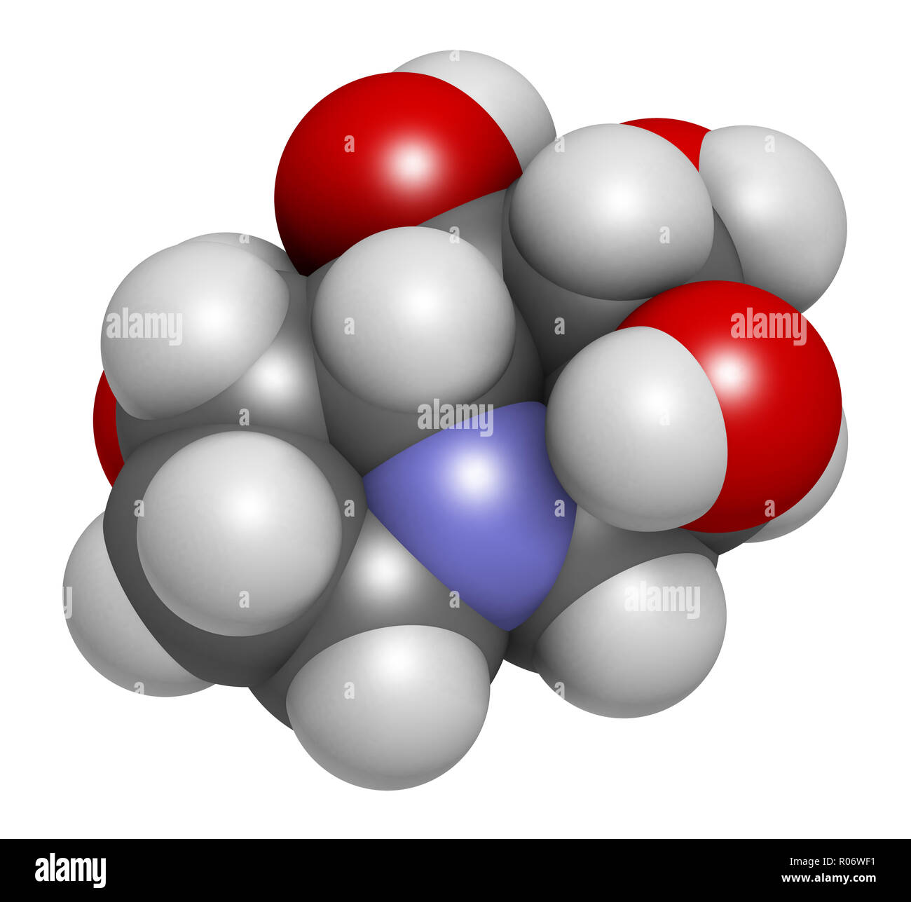 Castanospermine alkaloid molecule. Isolated from Castanospermum australe. 3D rendering. Atoms are represented as spheres with conventional color codin Stock Photo