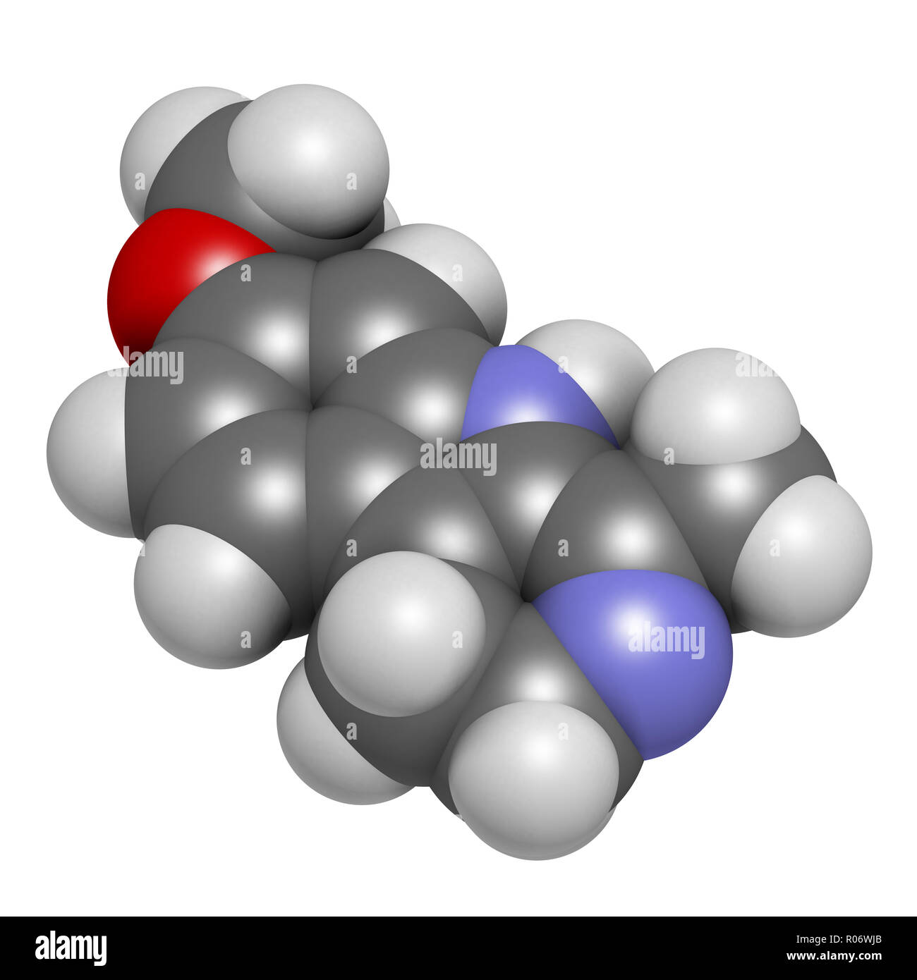 Harmaline indole alkaloid molecule. Found in Syrian rue (Peganum harmala). 3D rendering. Atoms are represented as spheres with conventional color codi Stock Photo