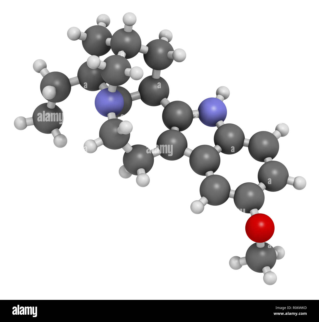 Ibogaine alkaloid molecule, found in Tabernanthe iboga. 3D rendering. Atoms are represented as spheres with conventional color coding: hydrogen (white Stock Photo