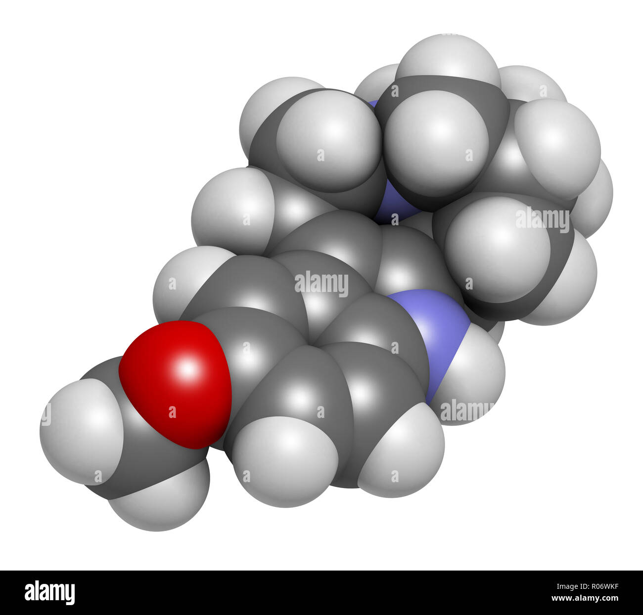 Ibogaine alkaloid molecule, found in Tabernanthe iboga. 3D rendering. Atoms are represented as spheres with conventional color coding: hydrogen (white Stock Photo
