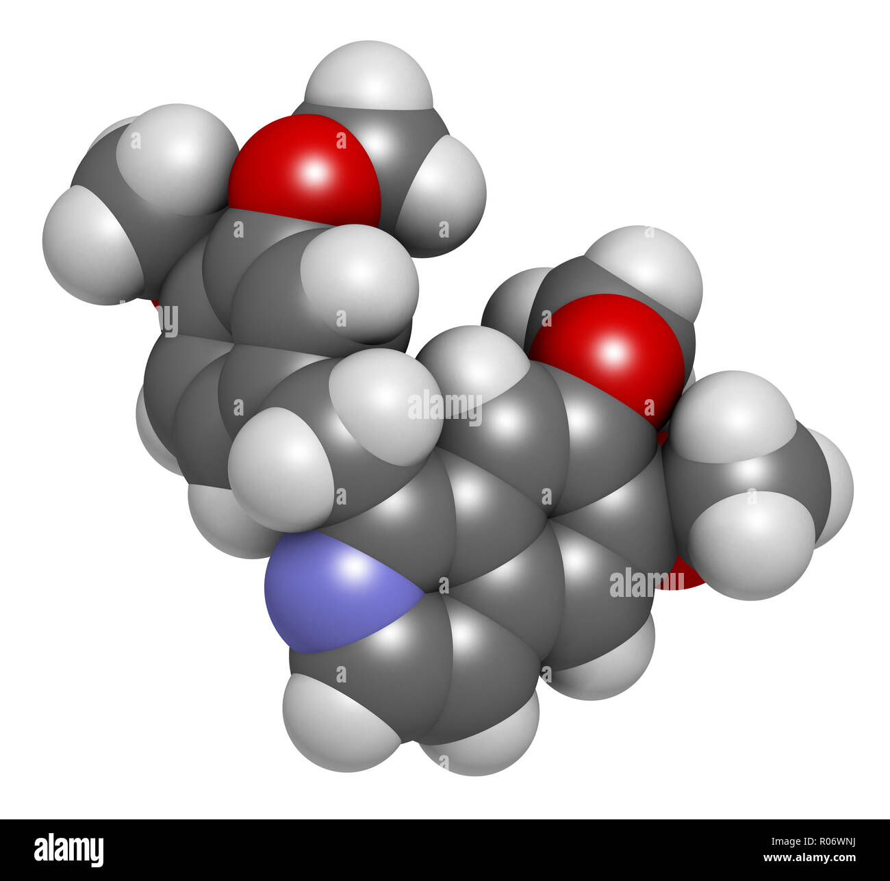 Papaverine opium alkaloid molecule. Used as antispasmodic drug. 3D rendering. Atoms are represented as spheres with conventional color coding: hydroge Stock Photo