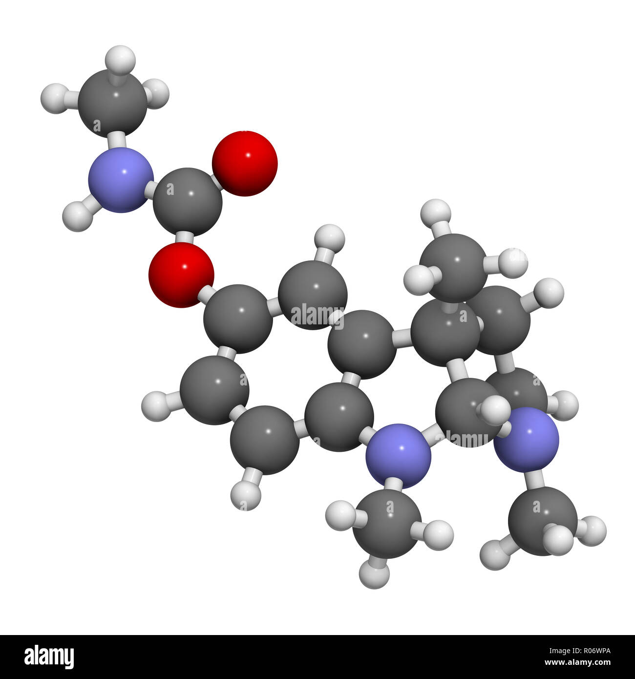 Physostigmine alkaloid molecule. Present in calabar bean and manchineel tree, acts as acetylcholinesterase inhibitor. 3D rendering. Atoms are represen Stock Photo