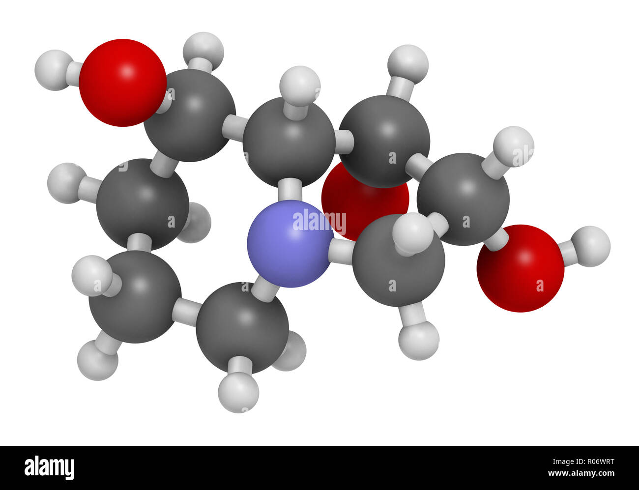 Swainsonine locoweed toxin molecule. Present in Astragalus, Oxytropis and Swainsona plant species. 3D rendering. Atoms are represented as spheres with Stock Photo