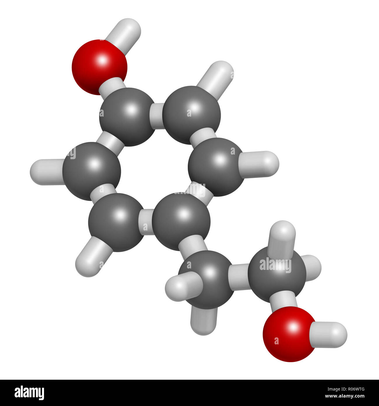 Tyrosol molecule. Antioxidant found in olive oil. 3D rendering. Atoms are represented as spheres with conventional color coding: hydrogen (white), car Stock Photo