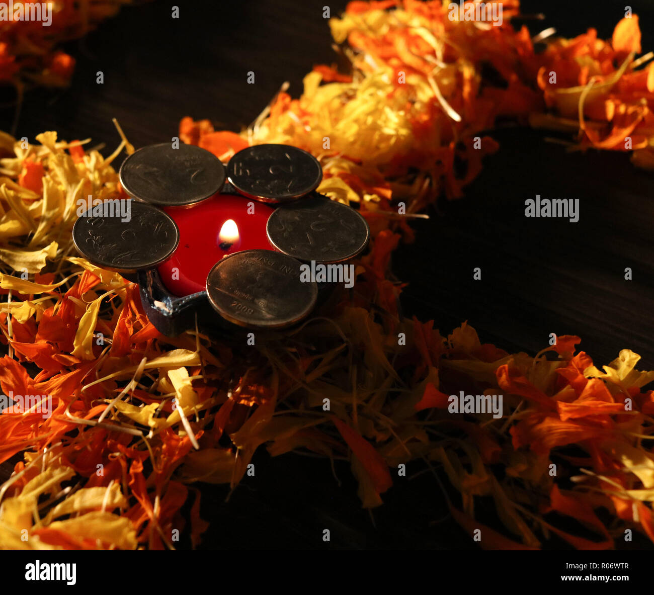 Lit diya arrannged for celebration of Diwali and dhantera Stock Photo