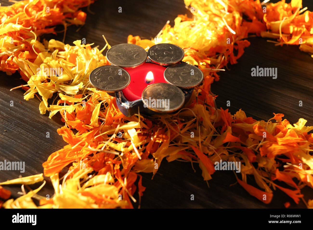 Lit diya arrannged for celebration of Diwali and dhantera Stock Photo