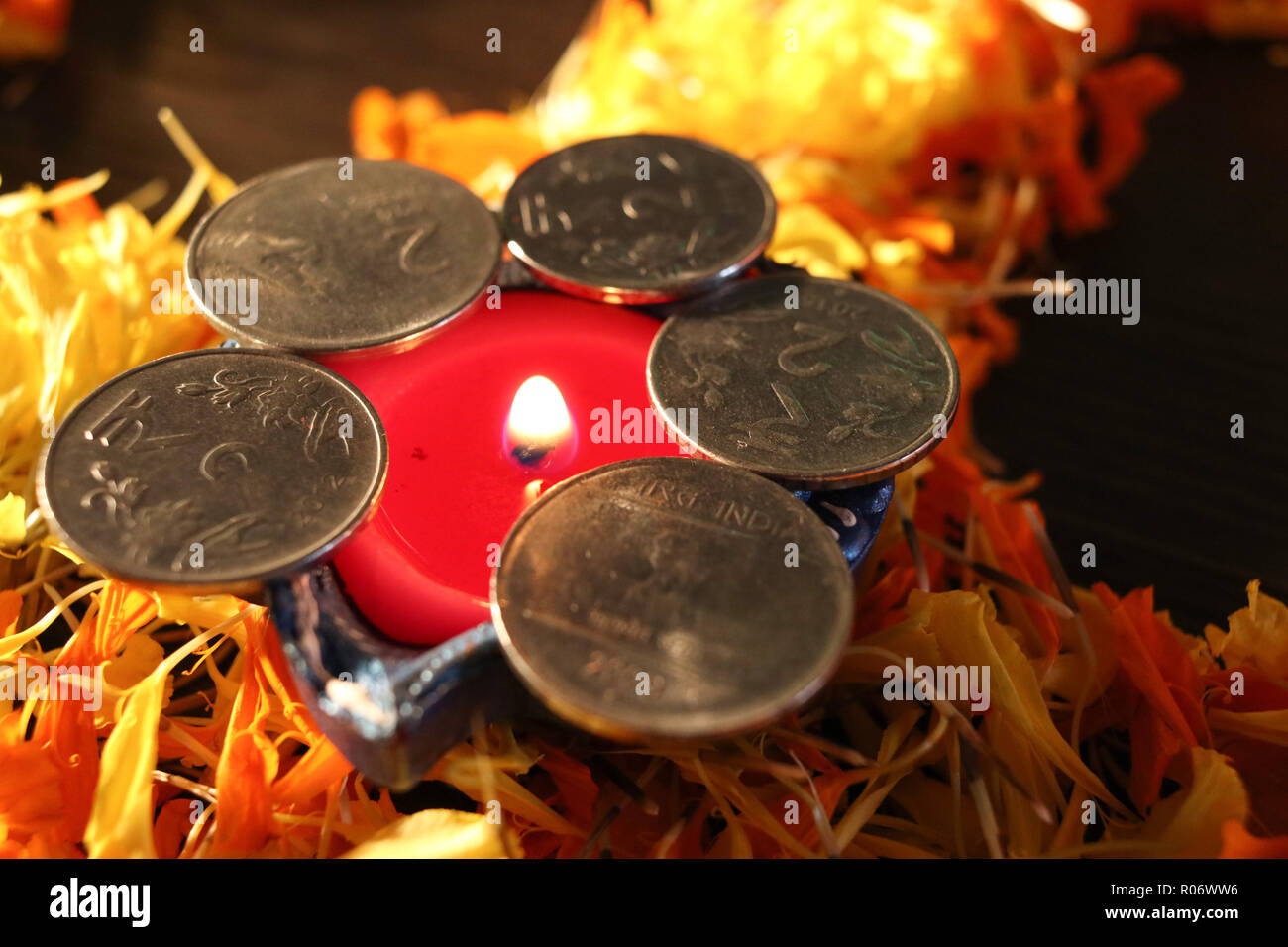 Lit diya arrannged for celebration of Diwali and dhantera Stock Photo