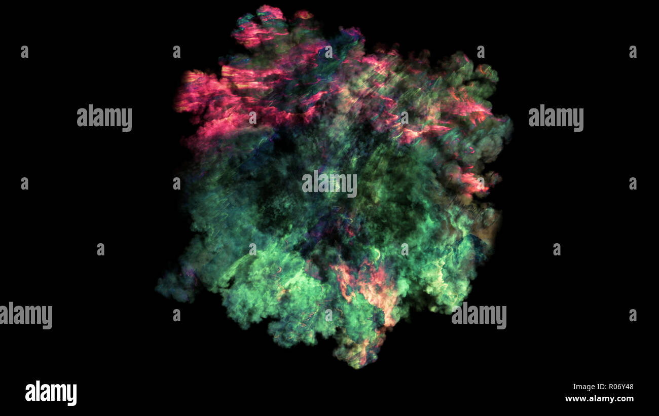 3D rendering of explosion, smoke, shock wave and divergent waves, isolated on black background. View of the camera from the top Stock Photo