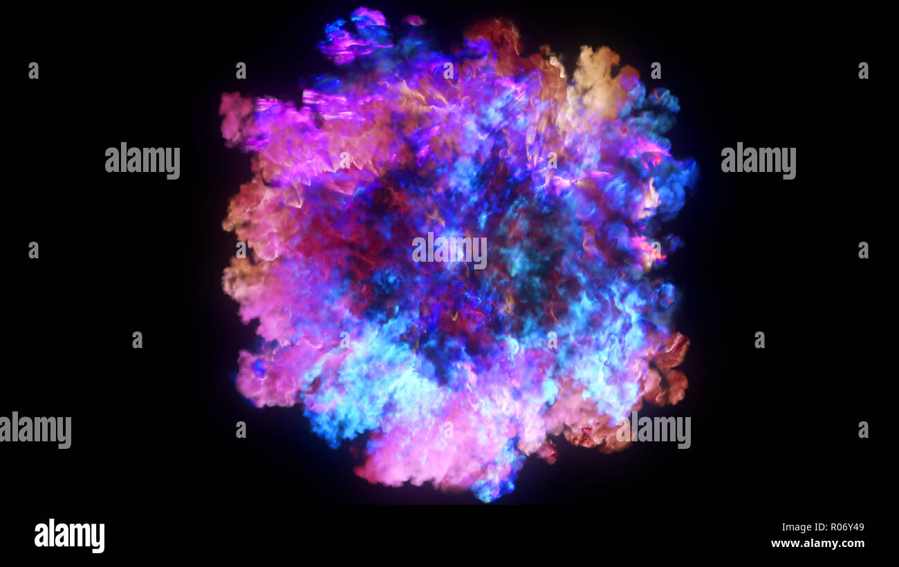 3D rendering of explosion, smoke, shock wave and divergent waves, isolated on black background. View of the camera from the top Stock Photo