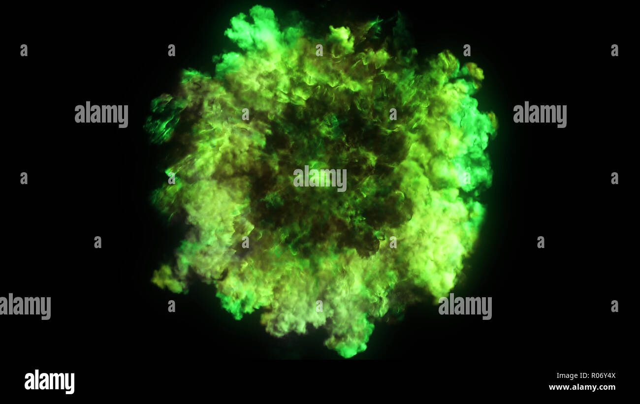 3D rendering of explosion, smoke, shock wave and divergent waves, isolated on black background. View of the camera from the top Stock Photo