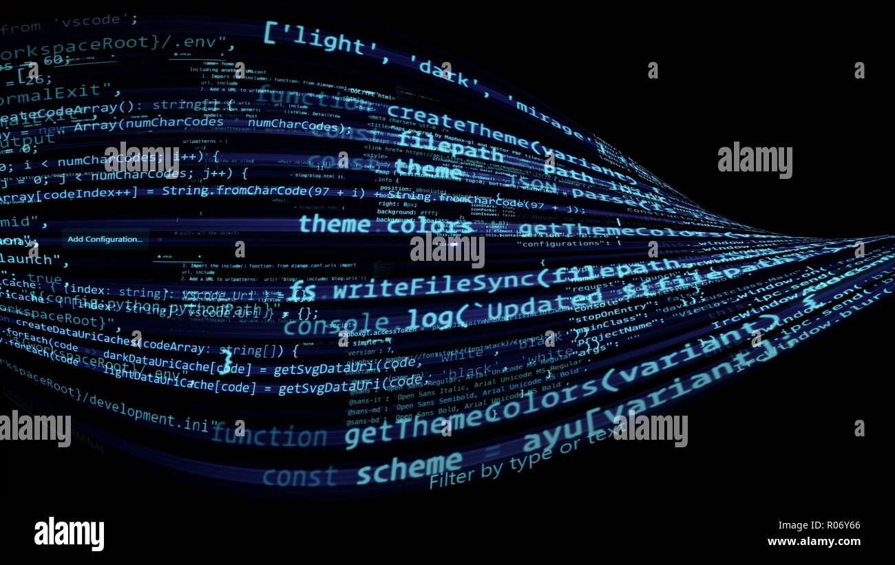 3D rendering abstract code in the virtual space. The computer code is ...