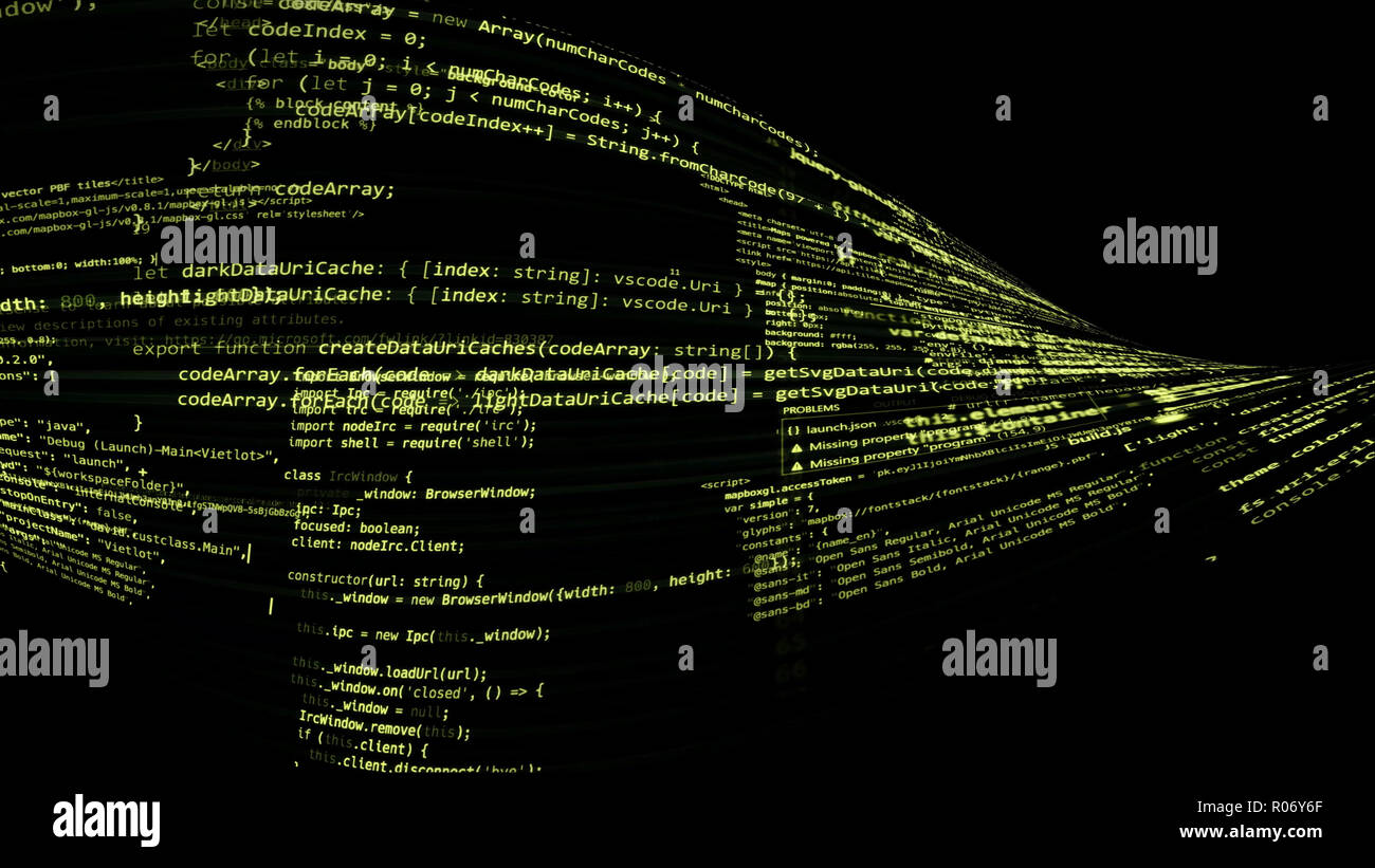 3D rendering abstract code in the virtual space. The computer code is ...