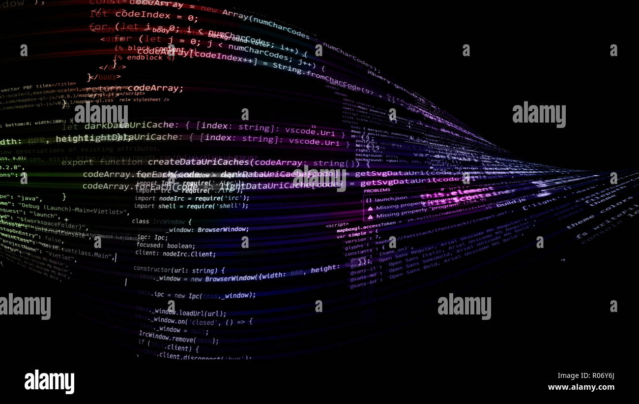 3D rendering abstract code in the virtual space. The computer code is ...