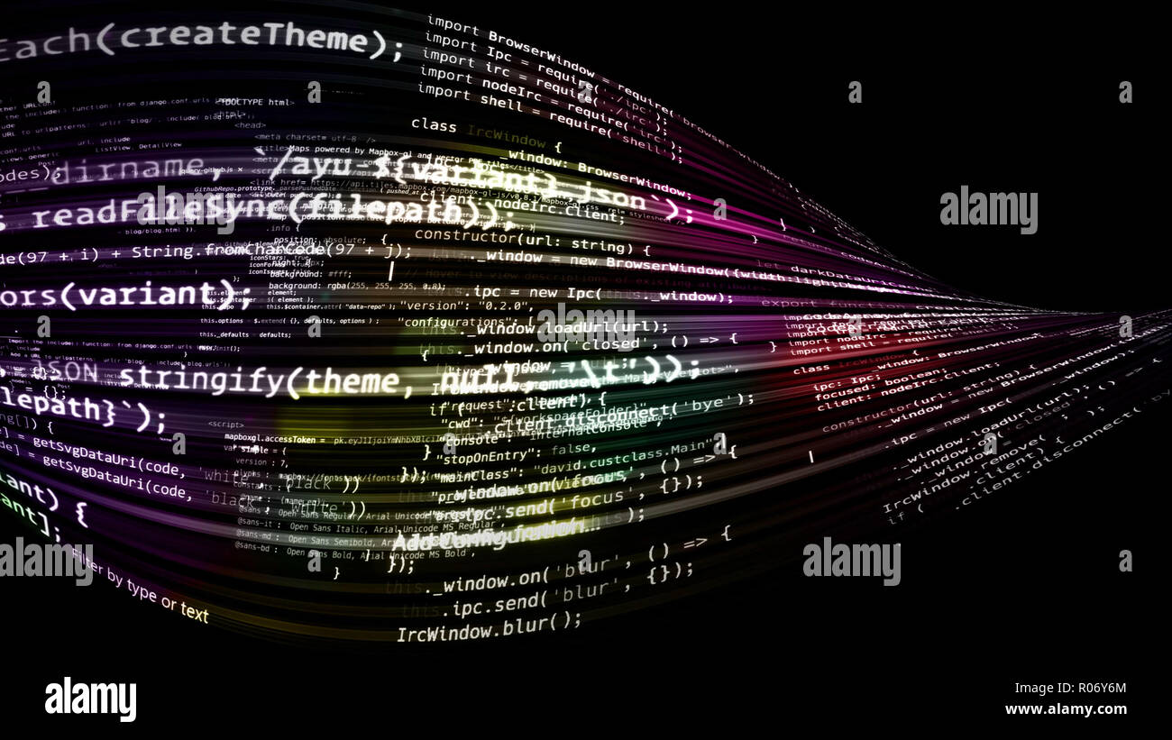 3D rendering abstract code in the virtual space. The computer code is ...