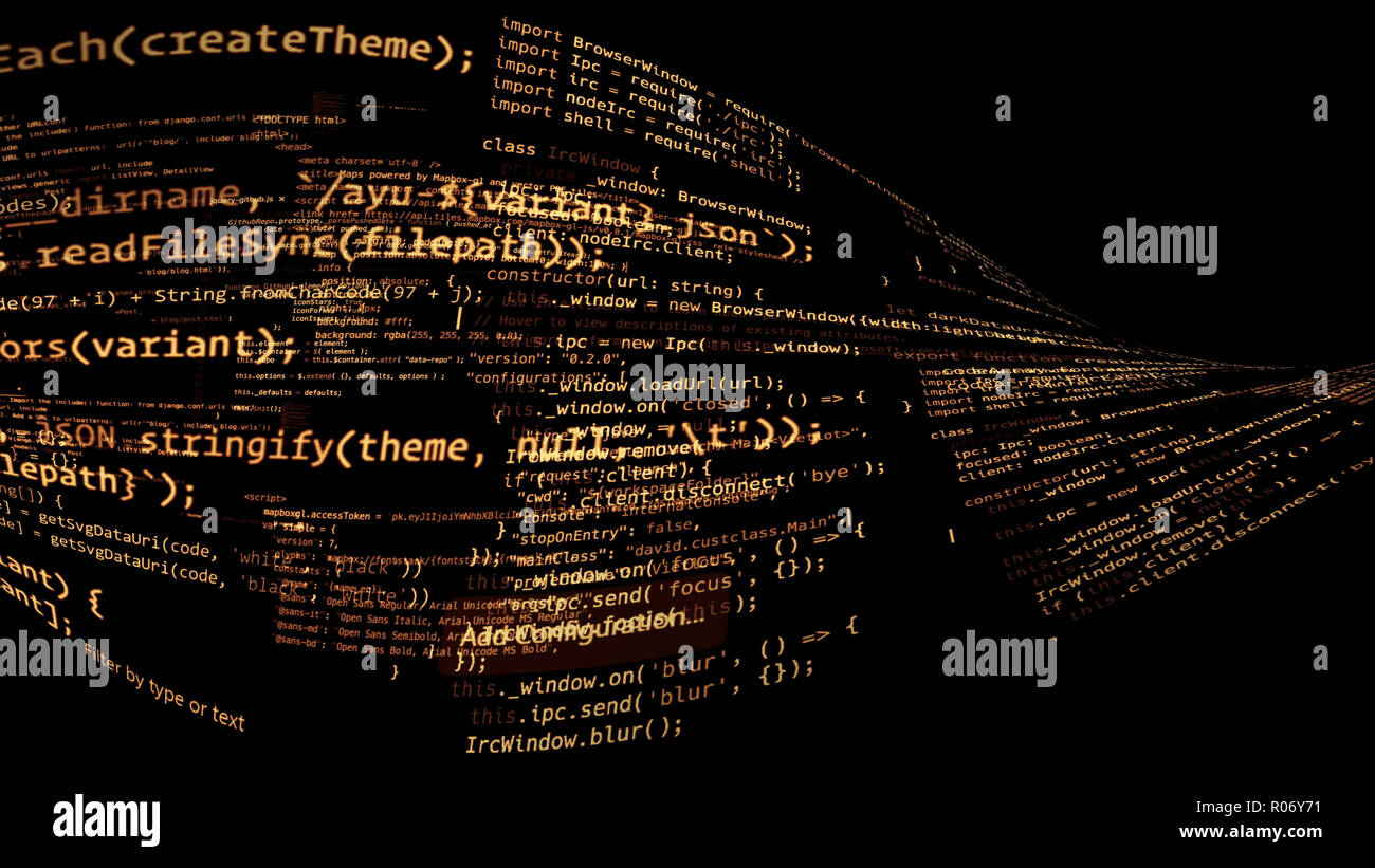 3D rendering abstract code in the virtual space. The computer code is ...