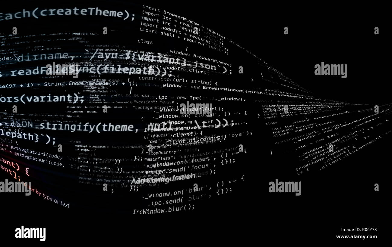 3D rendering abstract code in the virtual space. The computer code is ...