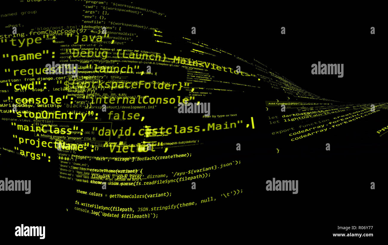 3D rendering abstract code in the virtual space. The computer code is ...