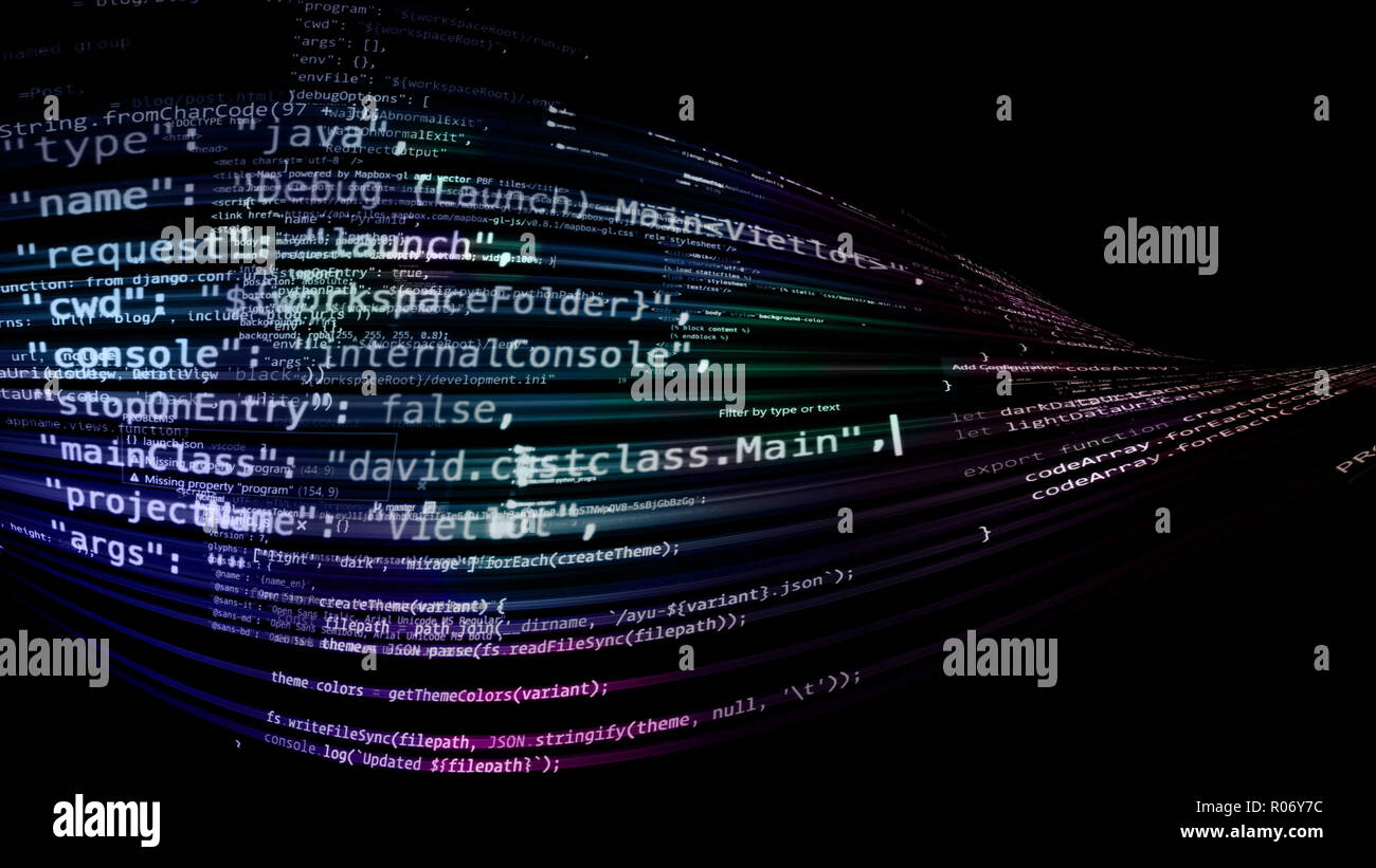 3D rendering abstract code in the virtual space. The computer code is ...
