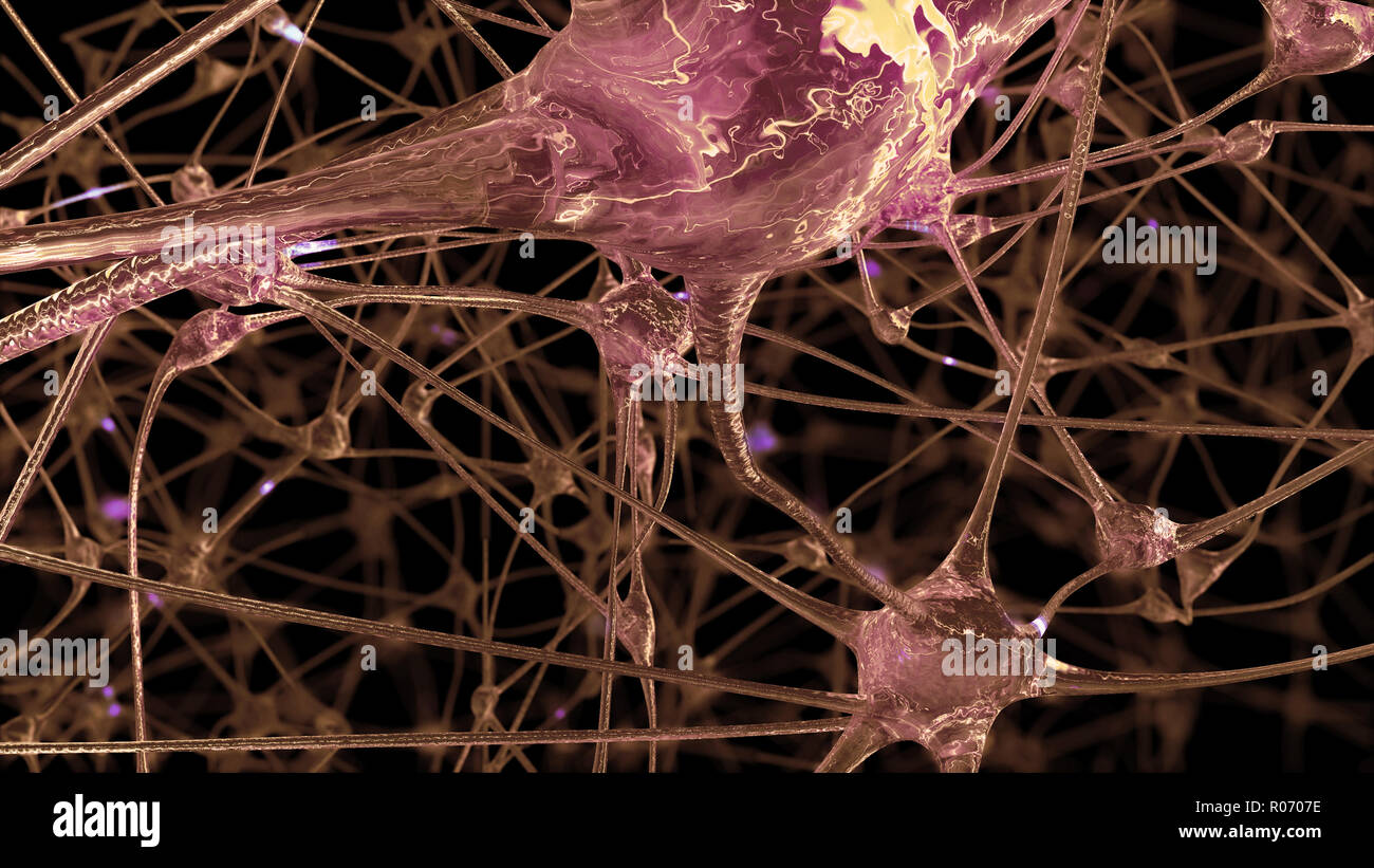 3D rendering of a network of neuron cells and synapses through which