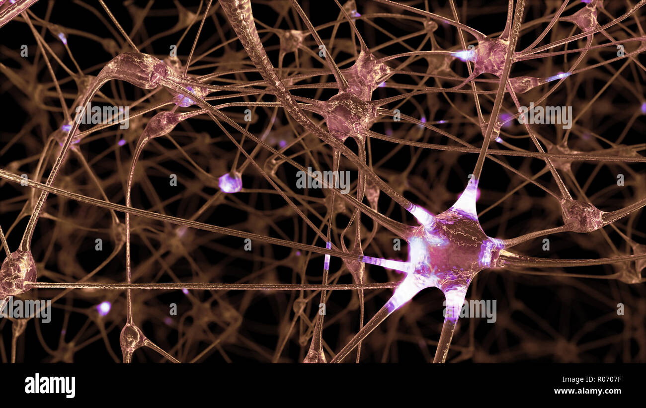 3D rendering of a network of neuron cells and synapses through which ...