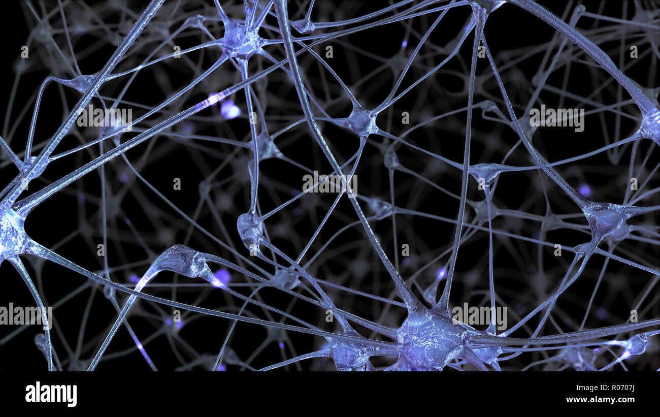 3D rendering of a network of neuron cells and synapses through which ...