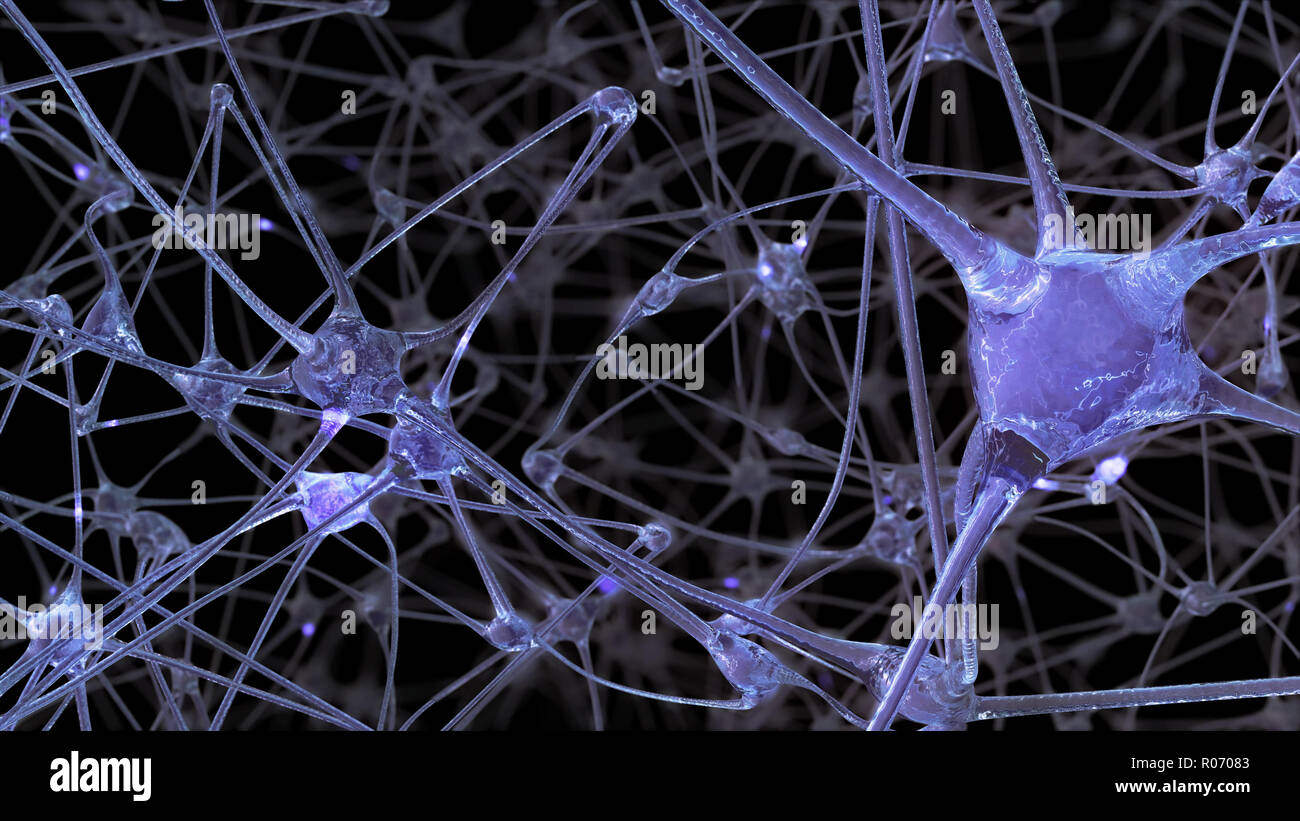 3D rendering of a network of neuron cells and synapses through which ...
