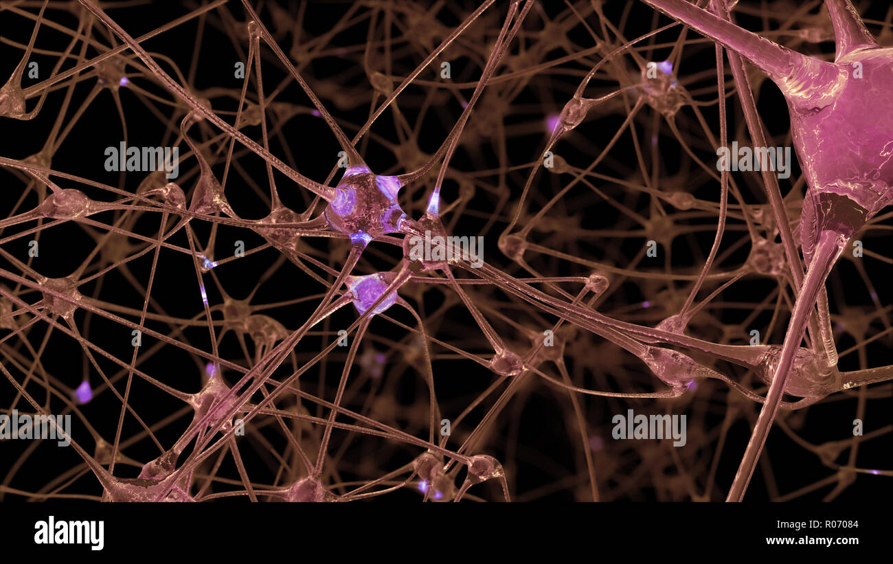3D rendering of a network of neuron cells and synapses through which ...